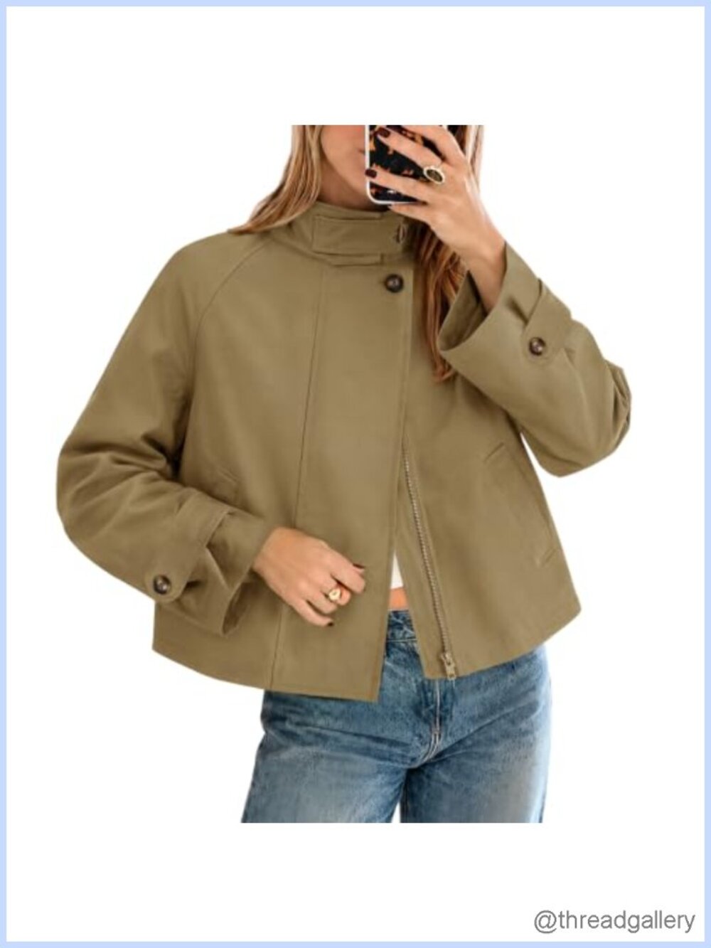 Cropped Trench Coat Funnel Neck Zip Up Lightweight Fall Jacket